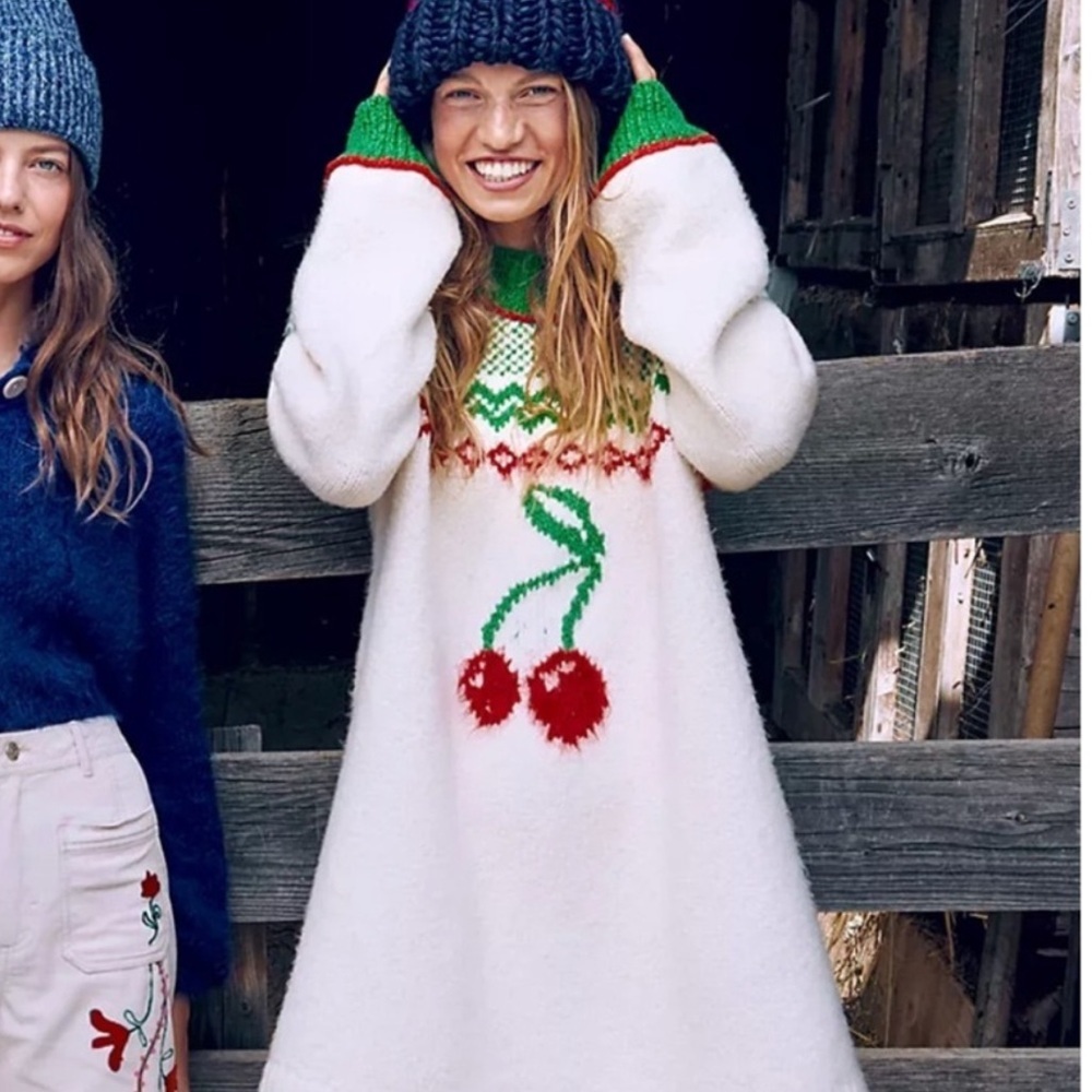 Free People Women's Cherry Heart Sweater Dress Soft Knit Cozy Multicolor Size Xs